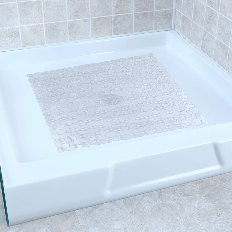  [AUSTRALIA] - WELTRXE Square Shower Mat Non-Slip, 21 x 21 Inches, Pebbles Shower Stall mat with Drain Holes, Suction Cups, Machine Washable Bath and Tub Mat, BPA, Latex, Phthalate Free, Clear Square (21" x 21")