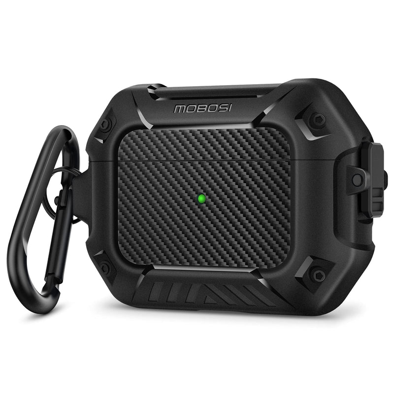  [AUSTRALIA] - MOBOSI Compatible with AirPods Pro Case, Secure Lock Clip Full Body Shockproof Hard Shell Protective, Carbon Fiber Case Cover with Keychain for AirPod Pro (2019), Black