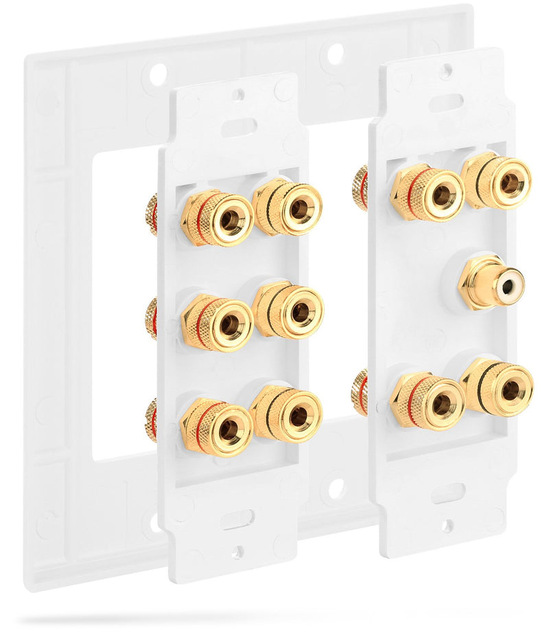  [AUSTRALIA] - Fosmon (2-Gang 5.1 Surround Distribution Home Theater Wall Plate - Premium Quality Gold Plated Copper Banana Binding Post Coupler Type Wall Plate for Speakers and RCA Jack for Subwoofer (White)