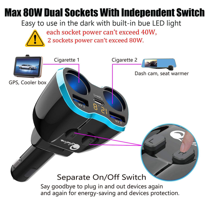  [AUSTRALIA] - USB C Car Charger, Cigarette Lighter Splitter Adapter 2 Socket Type C Multi Power Outlet 12V/24V 80W DC with LED Voltmeter Switch 5.8A Dual USB Port for Mobile Cell Phone GPS Dash Cam