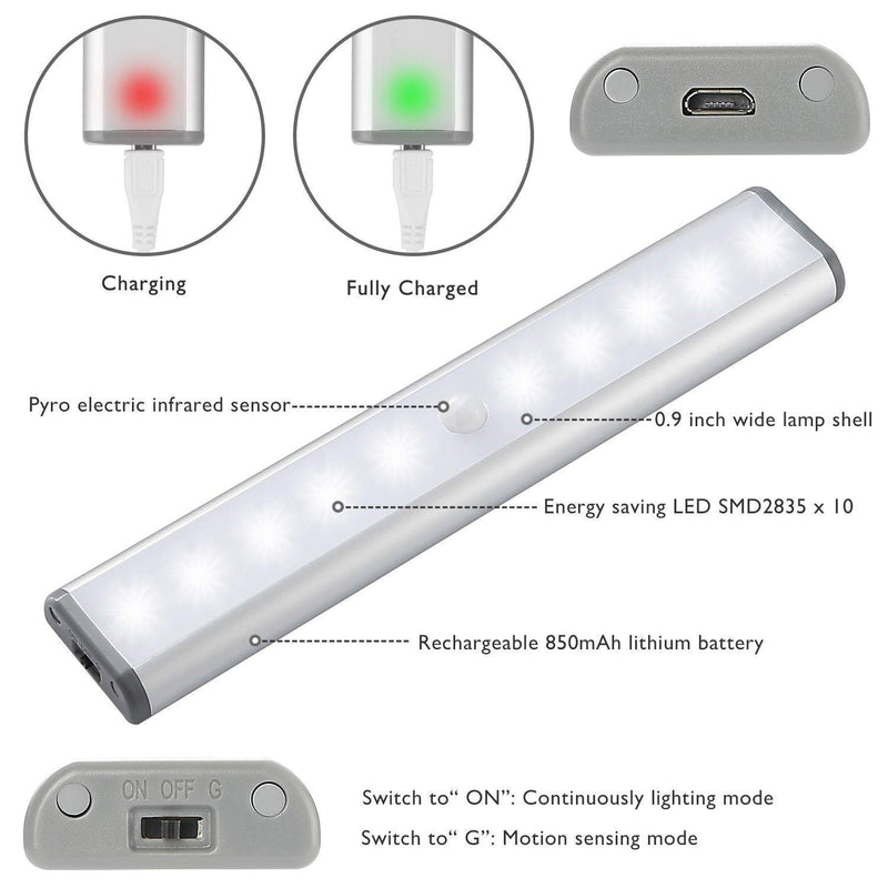 Motion Sensor Cabinet Light,Under Counter Closet Lighting, 10 LED Wireless USB Rechargeable Kitchen Lights,Battery Operated Lights,Stick On Lights for Wardrobe,Closets,Cupboard,Warm White-2Pack Silver-warm White Light - LeoForward Australia