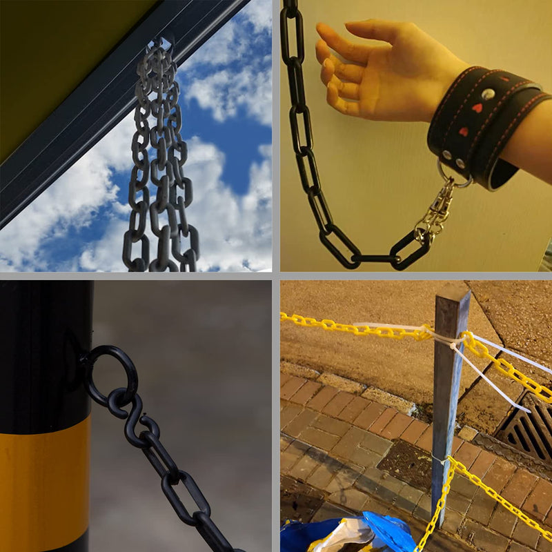  [AUSTRALIA] - 32 Feet Black Plastic Chain - Plastic Safety Barrier Chain for Crowd Control, Parking Barrier and Delineator Post with Base - Safety Security Chain with 6 Carabiner D Rings, 8 S-Hooks, and Zip Ties