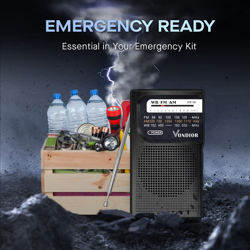  [AUSTRALIA] - NOAA Weather Radio - Emergency NOAA/AM/FM Battery Operated Portable Radio with Best Reception. Hurricane Supplies for Home. Powered by 2 AA Batteries, by Vondior (Black) Black
