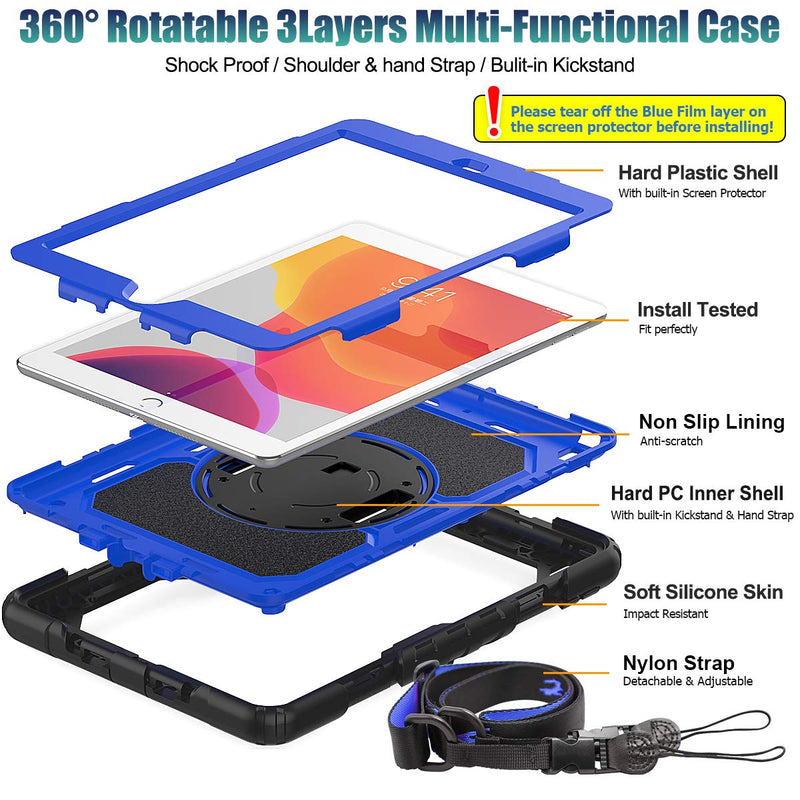 SEYMAC stock iPad 8th/7th Generation Case 10.2, [Full-Body] & [Drop-Proof] Case with 360 Degrees Rotating Stand [Pencil Holder] [Screen Protector] Hand Strap for 2020/2019 iPad 8 /7 Gen (Blue+Black) Blue+Black - LeoForward Australia