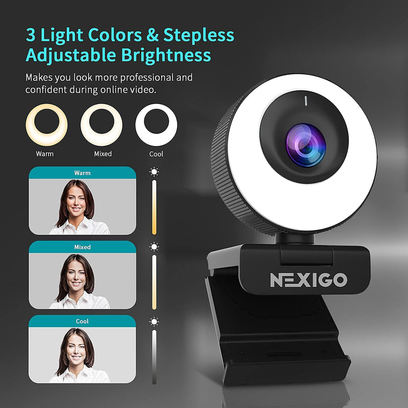  [AUSTRALIA] - NexiGo N620E 60FPS AutoFocus ePTZ Webcam, 2X Digital Zoom, Ring Light & Privacy Cover, [Software Included], 1080P FHD Streaming Web Camera, Dual Stereo Mics, for Zoom Skype Teams