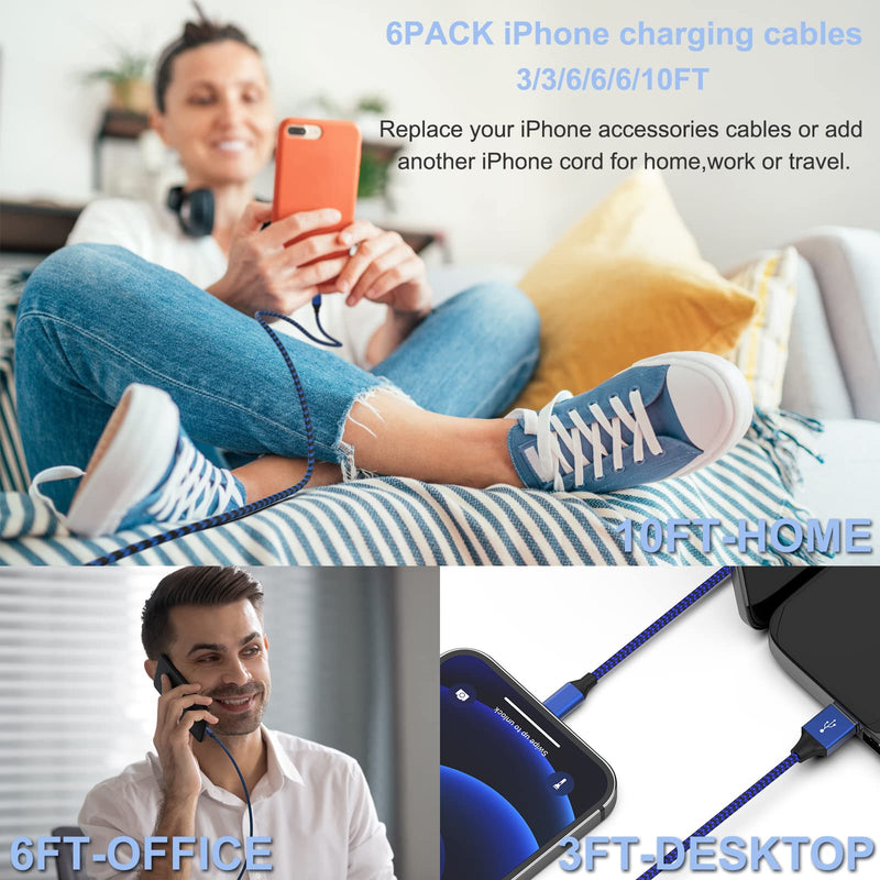  [AUSTRALIA] - iPhone Charger [Apple MFi Certified] Lightning Cable 6PACK-3/3/6/6/6/10 FT Nylon Braided USB Charging Cable High Speed Cord Compatible with iPhone 14/13/12/11 Pro Max/XS MAX/XR/XS/X/8/7/Plus/6S/6/iPad