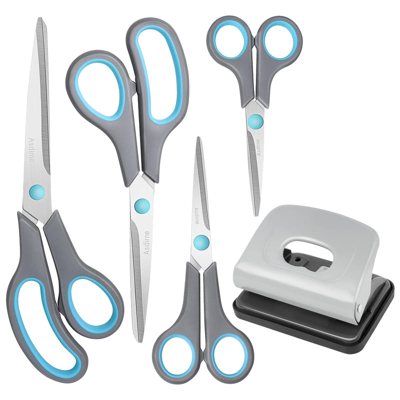  [AUSTRALIA] - Asdirne Scissors Set, Premium Stainless Steel Blades, Ergonomic Semi-Soft Rubber Grip, Great for Craft, Office, School and Daily Use, Include 5.4"/6.4"/8.5"/9.6"Scissors and 4.2"Hole Punch, Blue&Gray