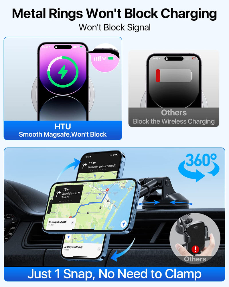  [AUSTRALIA] - HTU【Upgrade Magnet】for Magsafe Car Mount,【360°Suction Cup & Alloy Telescopic Arm】Handsfree Powerful Magnetic Cell Phone Holder for Car Dashboard Windshield, for iPhone 14 13 12 Pro Max Mini All Phone Black
