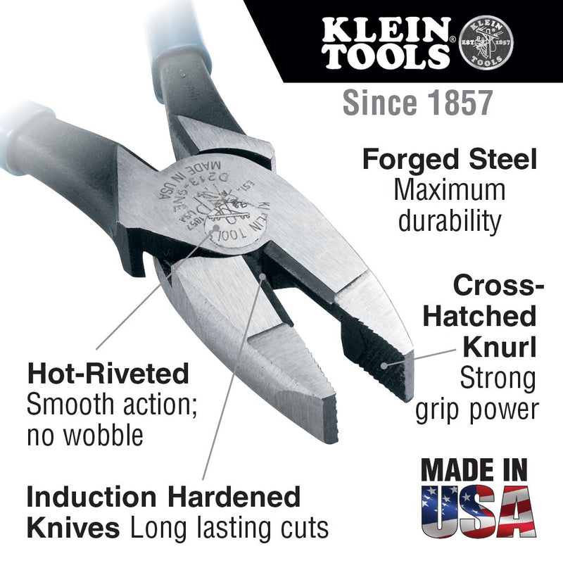 Klein Tools D201-8NE Lineman's New England Nose Pliers with Streamlined Design, Knurled Jaws and Handle Tempering, 7-Inch 8-Inch - LeoForward Australia