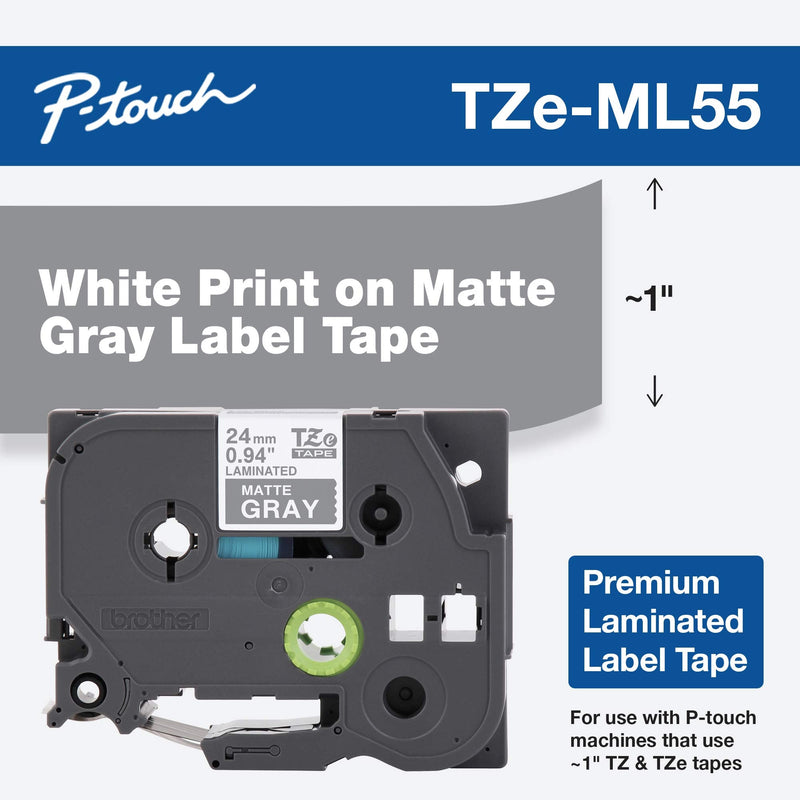 [AUSTRALIA] - Brother P-touch TZe-ML55 White Print on Premium Matte Gray Laminated Tape 24mm (0.94”) wide x 8m (26.2’) long