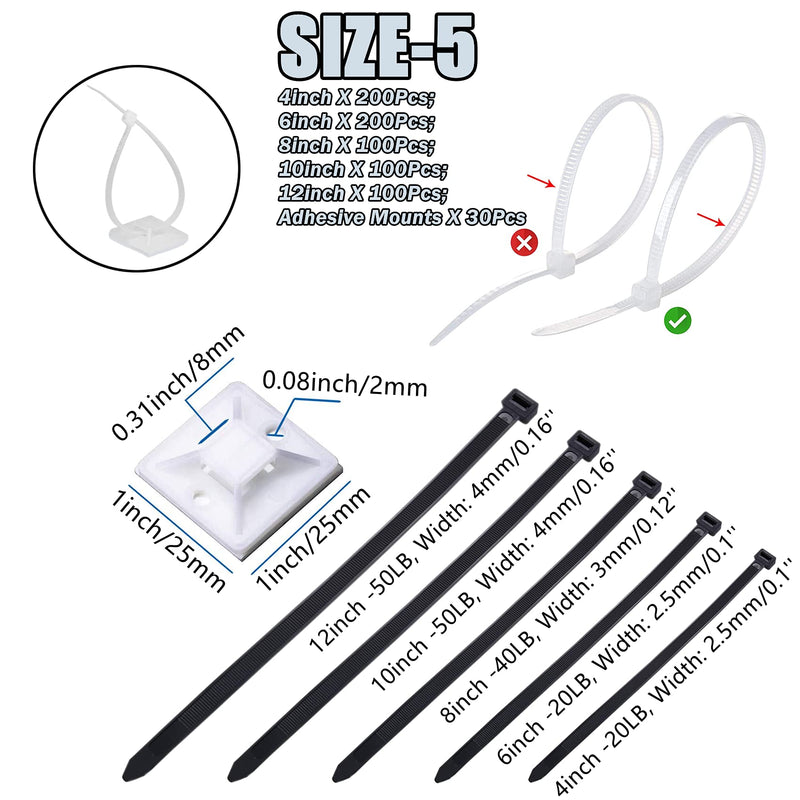  [AUSTRALIA] - Zip Wire Ties 730Pcs Small Cable Zip Ties with Cable Mounts Nylon Zip Cable Ties Assorted Sizes 4+6+8+10+12 Inch, Self-Locking Tie Wraps Perfect for Home Garden Trellis Office Garage Workshop White