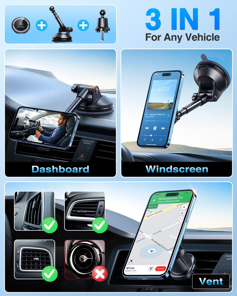  [AUSTRALIA] - VANMASS Magnetic Cell Phone Holder for Car【True Military-Grade】 for MagSafe Car Mount Suction Cellphone Stand for Dashboard Windshield Vent,Magnet Dash Mobile Accessories for iPhone Android Black