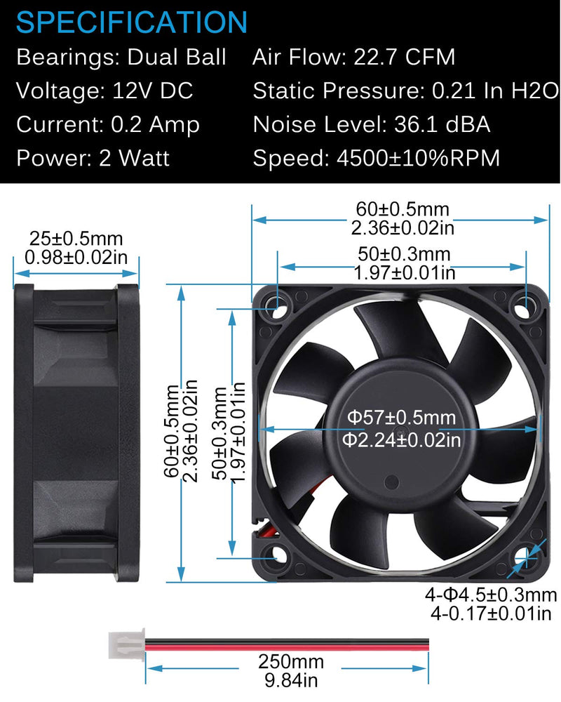  [AUSTRALIA] - GDSTIME 60mm Fan, 60mm x 60mm x 25mm Dual Ball Bearings 12V DC Brushless Cooling Fan