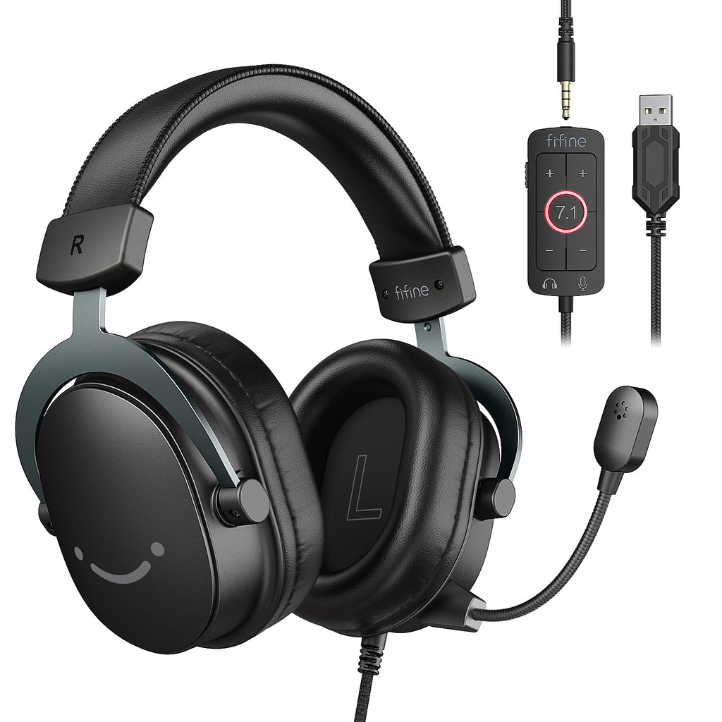  [AUSTRALIA] - FIFINE Gaming Headset for PC, USB Headset with 7.1 Surround Sound, Detachable Microphone, Control Box, 3.5mm Headphones Jack, Gamer Over-Ear Wired Headset for PS5/PS4/Xbox/Switch, Black-AmpliGame H9