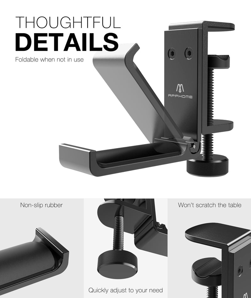 [AUSTRALIA] - APPHOME Foldable Headphone Stand Hanger Holder, Space-Saving Aluminum Soundbar Stand with Universal Fit for Gaming PC Accessories, Under Desk Clamp Hook Mount, Black