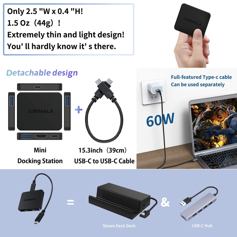  [AUSTRALIA] - 7-in-1 Mini Docking Station for Steam Deck/Switch with USB C to USB C Cable, Steam Deck Dock 4K@60Hz, 3*USB-A 3.0 & Fast Charging USB-C Port, Also Switch Dock/USB-C Hub Suitable for Travel Game Lover Black