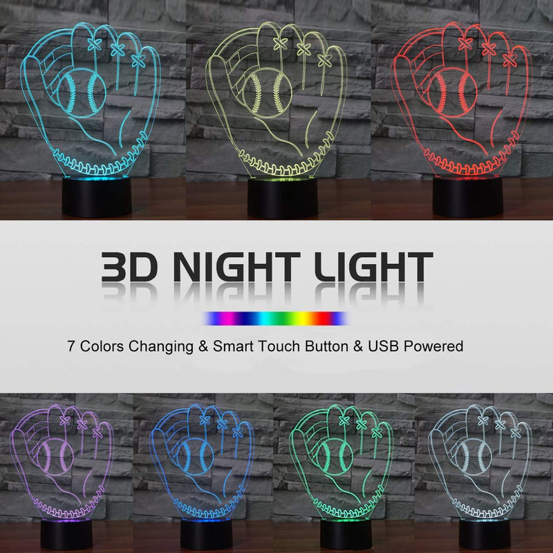  [AUSTRALIA] - 3D Illusion Desk Lamp Baseball Glove Model, YKLWORLD LED USB Touch Button 7 Color Changing Lights Night Light for Baby Nursery, Best Gift Toys for Kids Friends Birthday Home Bedroom Decor Lighting