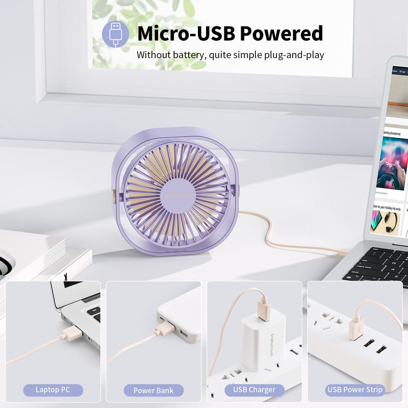  [AUSTRALIA] - SmartDevil Small Personal USB Desk Fan, 3 Speeds Portable Desktop Table Cooling Fan Powered by USB, Strong Wind, Quiet Operation, for Home Office Car Outdoor Travel (Purple) Purple
