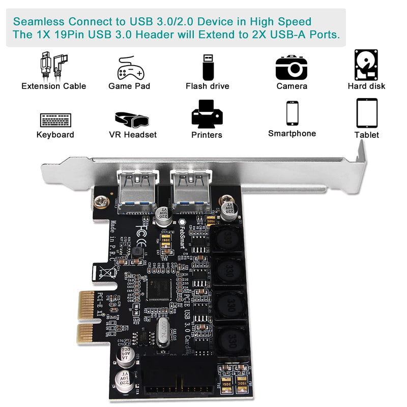  [AUSTRALIA] - FebSmart 1X 19Pin USB 3.0 Header and 2X USB-A Ports PCIE USB 3.0 Card for Windows Server, XP, Vista, 7, 8, 8.1, 10 PCs-Build in Self-Powered Technology-No Need Additional Power Supply (FS-HA-Pro)