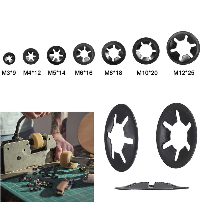  [AUSTRALIA] - HanTof 7 Sizes 320PCS Internal Tooth Starlock Washers,Quick Speed Locking Washers, Push On Retainers Clips,Push On Nut Fasteners Assortment Kit for Shaft and Stud,65Mn Spring Steel,Black Oxide Finish