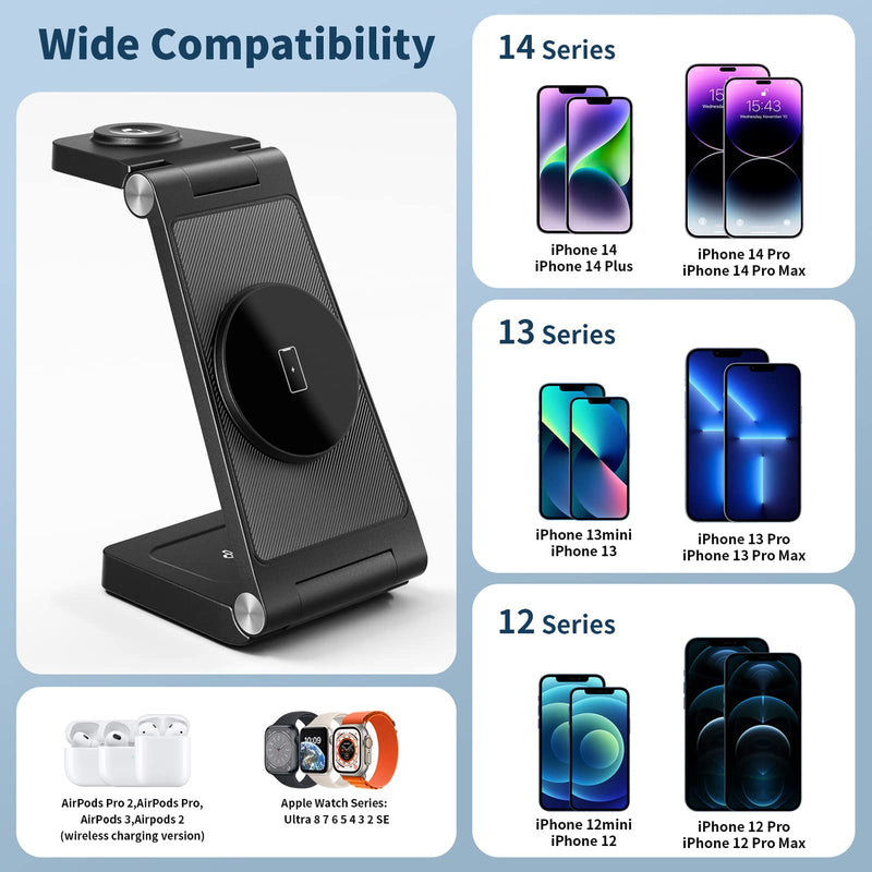  [AUSTRALIA] - GEJIUCAI Magnetic Wireless Charger, 3 in 1 Fast Wireless Charging Station for Multiple Devices Apple Watch Ultra 8/7/6/5/4/3/2/SE,Compatible with iPhone 14/Pro/Max/Plus/13/12, AirPods 3/2/Pro/Pro2 Black