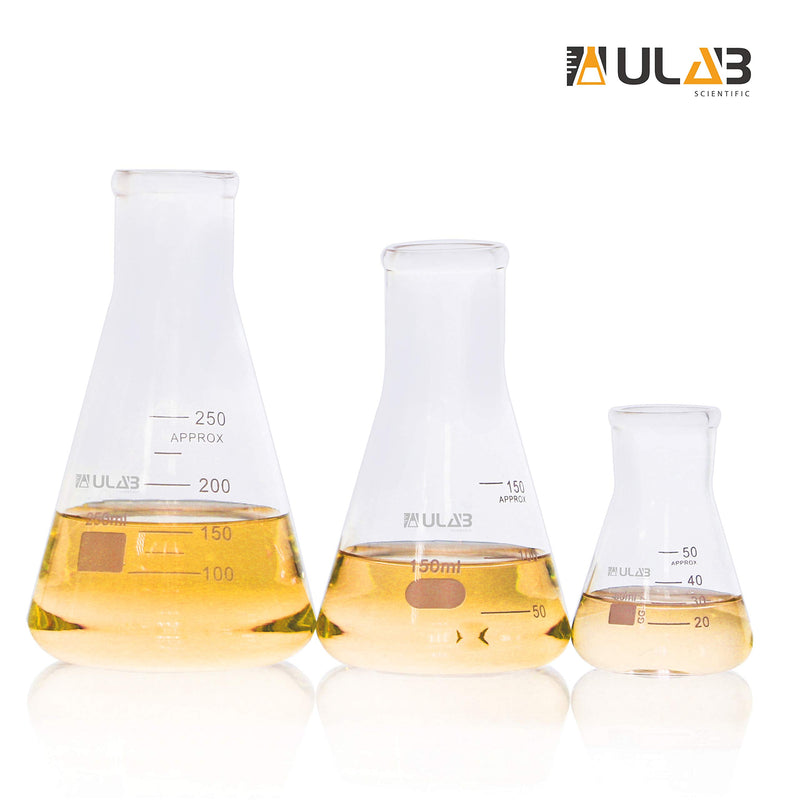 ULAB Scientific Narrow-Mouth Glass Erlenmeyer Flask Set, 3 Sizes 50ml 150ml 250ml, 3.3 Boro with Printed Graduation, UEF1001 3 Sizes: 50ml 150ml 250ml - LeoForward Australia