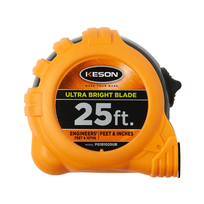  [AUSTRALIA] - Keson PG181025UB Short Tape Measure with Nylon Coated Ultra Bright Steel Blade (Graduations: 1/10, 1/100 & ft, in, 1/8), 1-Inch by 25-Foot ft, in, 1/10, 1/100 & ft, in, 1/8, 1/16