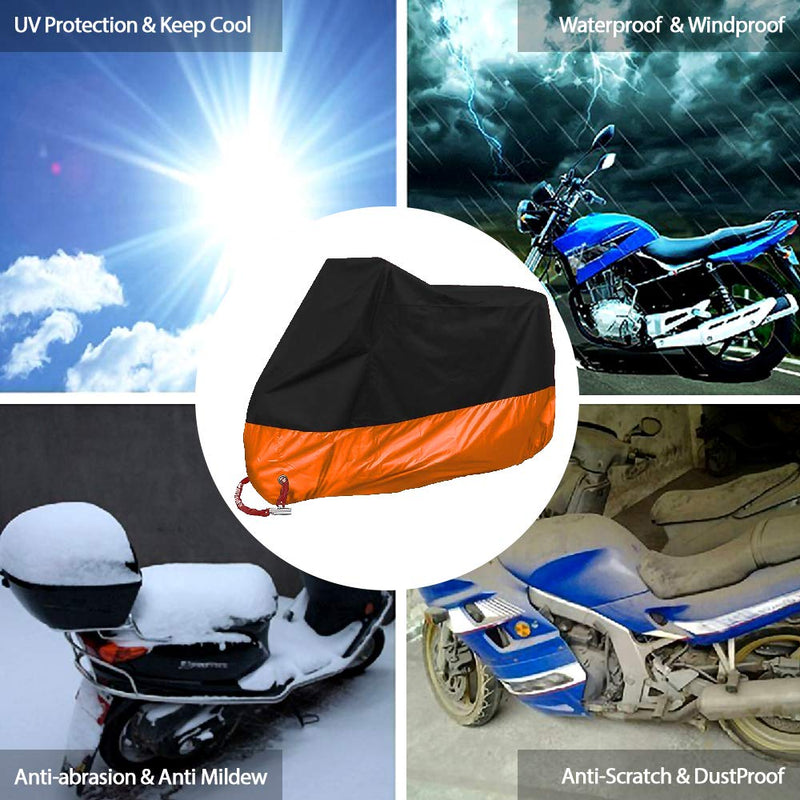  [AUSTRALIA] - Acelane Motorcycle Cover, All Season Waterproof Outdoor Dustproof Durable Vehicle Cover with Lock Holes Fits up to 116 inches for Harley Davidson, Honda, Suzuki,Yamaha and More Black&Orange 4XL/116''