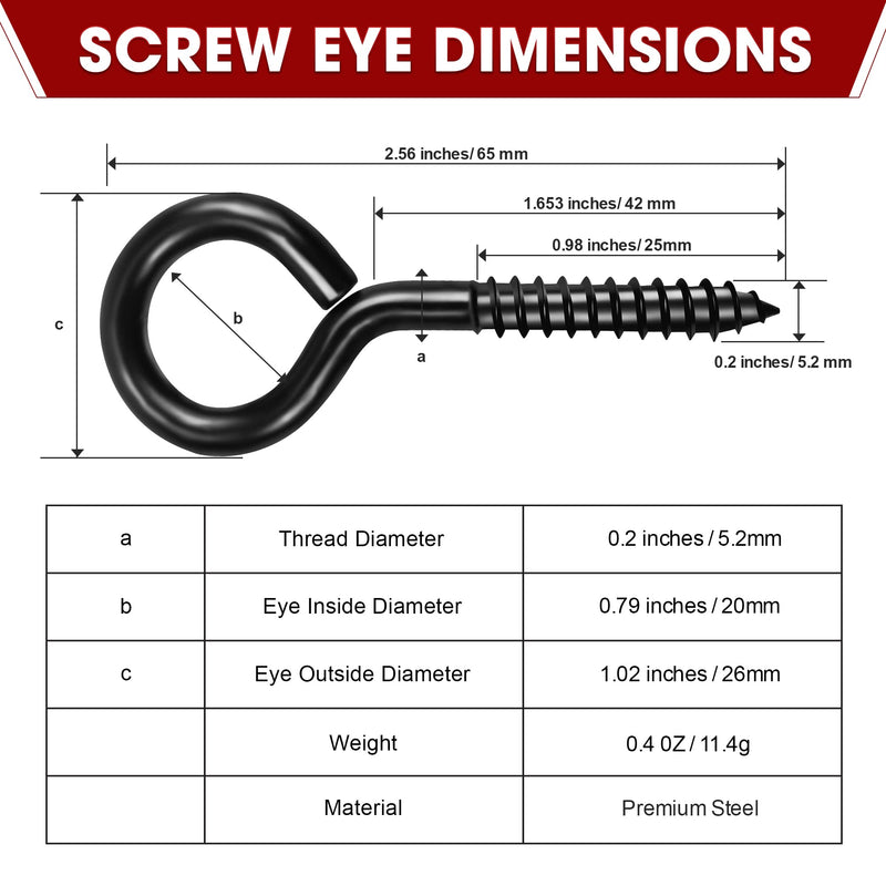  [AUSTRALIA] - 12PCS Screw Eyes, 2.5 Inch Black Eye Hooks Screw Self Tapping Eye, Heavy Duty Eye Bolt for Wood Securing Cables Wire, Hammock Stand, Indoor & Outdoor Use (12PCS 2.5 Inch)
