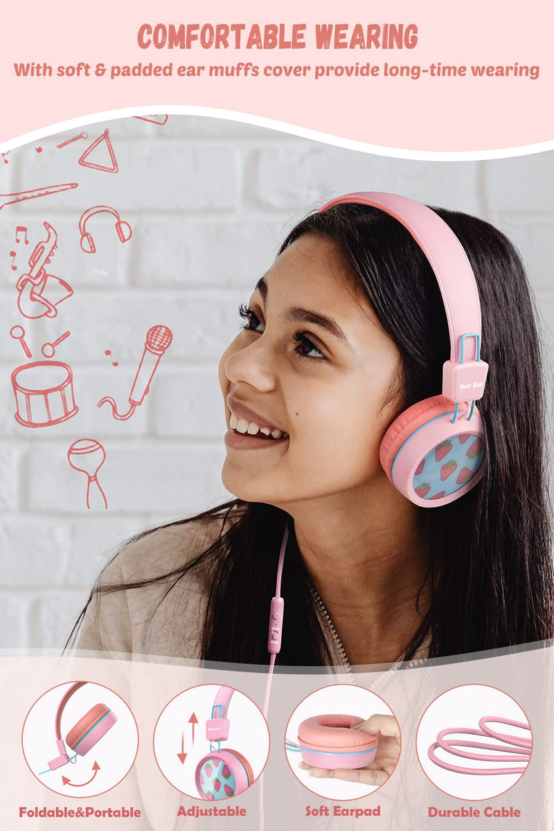  [AUSTRALIA] - Kids Headphones for School with Microphone New bee KH20 HD Stereo Safe Volume Limited 85dB/94dB Foldable Lightweight On-Ear Headphone for PC/Mac/Android/Kindle/Tablet/Pad (Pink) Pink