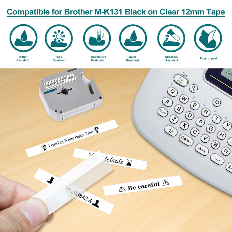  [AUSTRALIA] - 5Pack M-K131 Clear Tape Compatible for Brother P-Touch M Tape M-K131s MK131 Label Maker Tape 12mm 0.47 for Brother PT-M95 PT-90 PT-70 PT-65 PT-45, Black on Clear, 26.2Feet (8m) Black on Clear-05