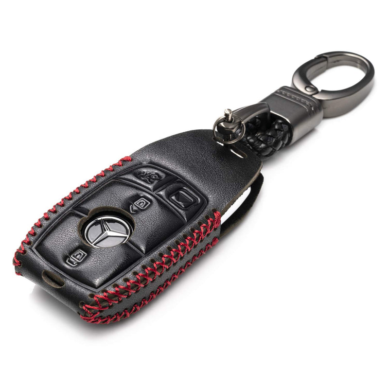 Vitodeco Genuine Leather Smart Key Fob Case with Leather Key Strap for 2017-2021 Mercedes-Benz A, C, E, S, CLA, CLS, GLA, GLB, GLC, GLE, GLS, G Glass (4-Button, Black/Red) 4-Button - LeoForward Australia