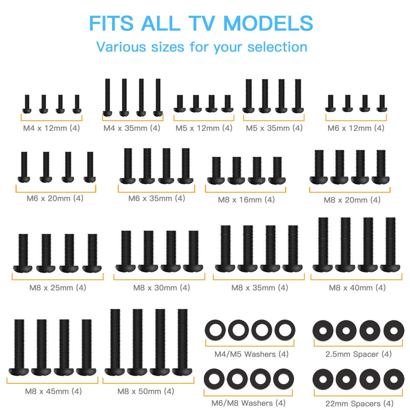  [AUSTRALIA] - PERLESMITH Universal TV Mounting Hardware Kit Fits Most TVs, Includes M4, M5, M6 and M8 TV Screws, Washers and Spacers for TV and Monitor Mounting up to 80 inches, PSUHP Black