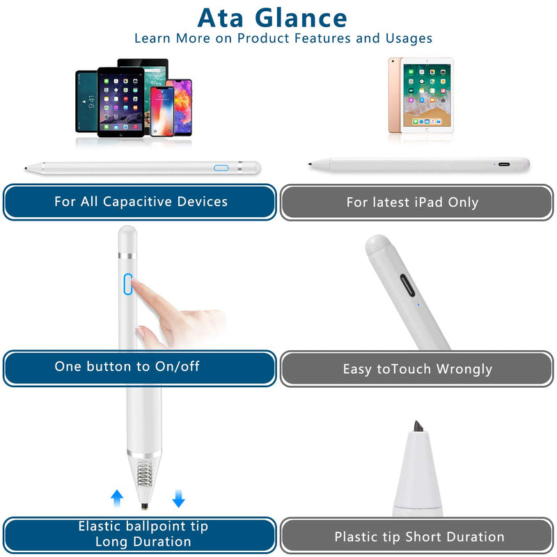  [AUSTRALIA] - Active Stylus Pen for Touch Screens, Rechargeable Pencil Digital Stylus Pen Compatible with iPad and Most Tablet (White) White