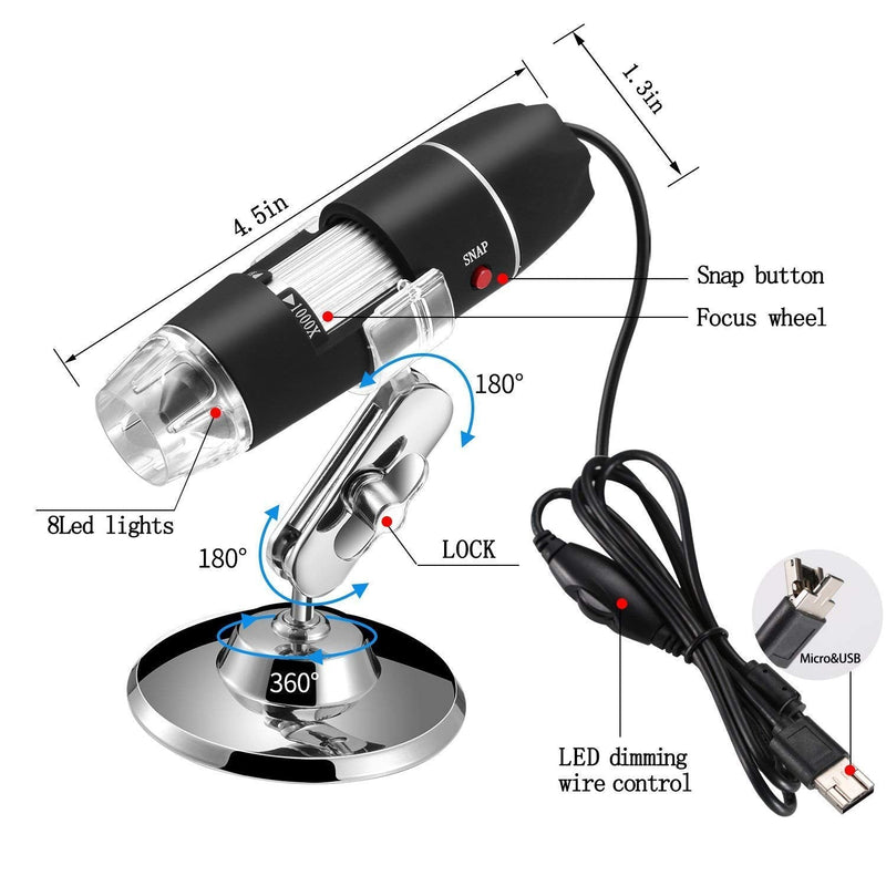  [AUSTRALIA] - Jiusion 40 to 1000x Magnification Endoscope, 8 LED USB 2.0 Digital Microscope, Mini Camera with OTG Adapter and Metal Stand, Compatible with Mac Windows 7 8 10 11 Android Linux