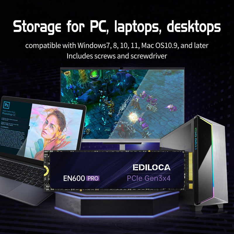  [AUSTRALIA] - Ediloca EN600 PRO SSD 512GB PCle 3.0x4, NVMe M.2 2280, Up to 3200MB/s, Internal Solid State Drive, SLC Cache 3D NAND TLC, Graphene Cooling Sticker, Storage for PC, Desktop and Laptops EN600 pro_PCIe 3.0_3500MB/s