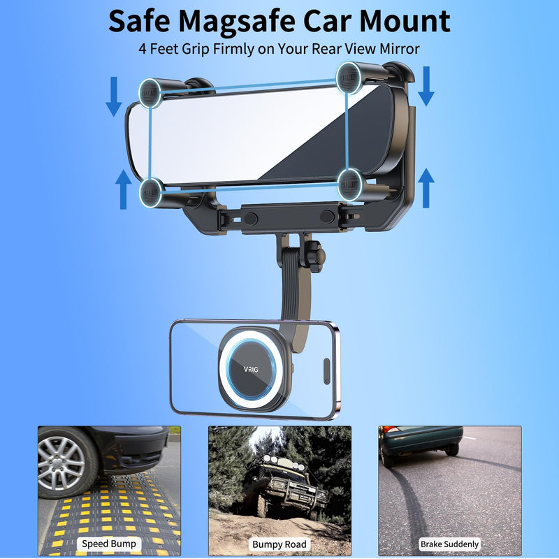  [AUSTRALIA] - VRIG MG-15 Magnetic Rear View Mirror Phone Holder for car [Big Rear Mirrors Friendly],MagSafe Hands Free 360 Rotating Strong Magnet Cell Phone Mount Fit for iPhone 14/13/12 Series or MagSafe Case