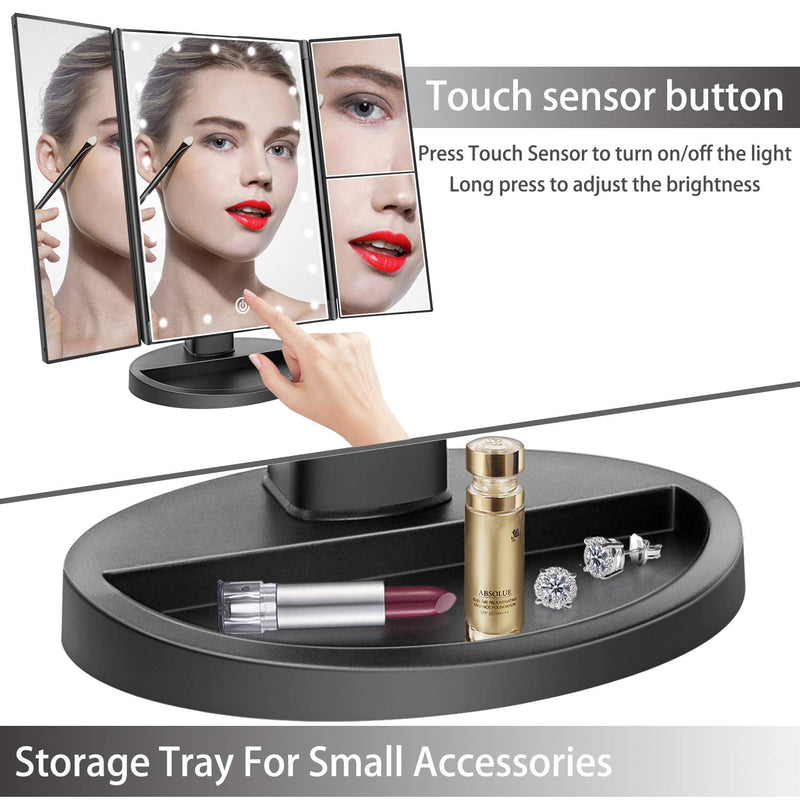  [AUSTRALIA] - deweisn Tri-Fold Lighted Vanity Mirror with 21 LED Lights, Touch Screen and 3X/2X/1X Magnification, Two Power Supply Mode Make up Mirror,Travel Mirror Black