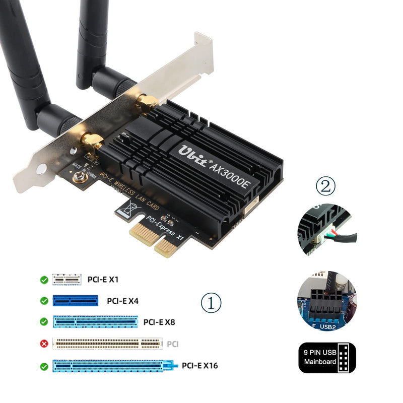  [AUSTRALIA] - Ubit WiFi 6 AX3000E Wireless Card, Max 2974Mbit/s, Tri-Bands (6G/5G/2.4G), BT 5.2, OFDMA, MU-MIMO, Ultra-Low Latency, WIN10/11，64bit