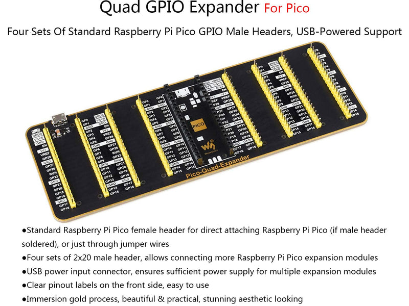  [AUSTRALIA] - BFab Quad GPIO Expander for Raspberry Pi Pico, Four Sets of 2x20 Male Headers for More Raspberry Pi Pico Expansion Modules, USB Power Connector Pico Quad -Expander
