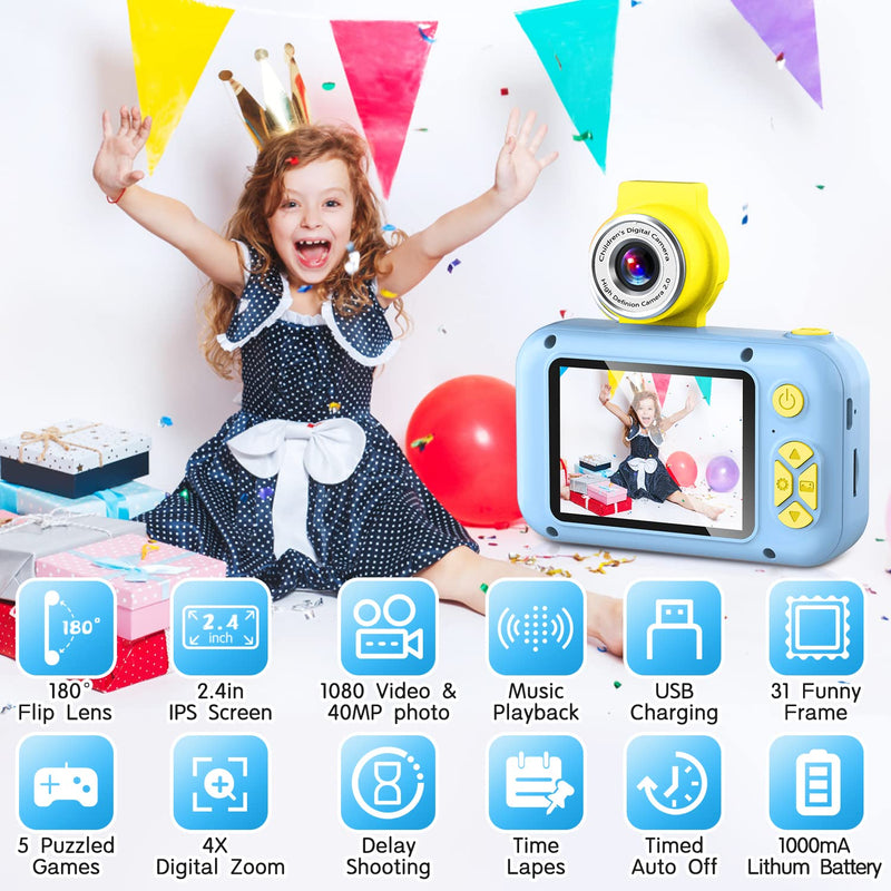  [AUSTRALIA] - Kid Camera,ARNSSIEN Camera for Kid,2.4in IPS Screen Digital Camera,180°Flip Len Student Camera,Children Selfie Camera with Playback Game,Christmas/Birthday Gift for 4 5 6 7 8 9 10 11 Year Old Girl Boy Blue