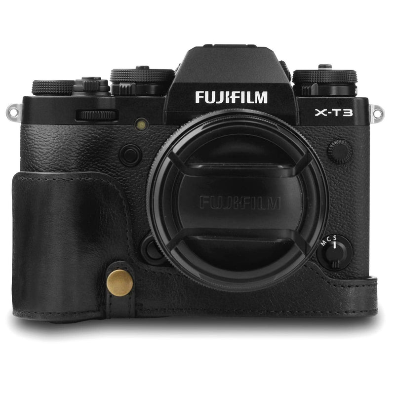  [AUSTRALIA] - MegaGear MG1552 X-T3 Ever Ready Genuine Leather Camera Half Case and Strap - Black (Black), Compact