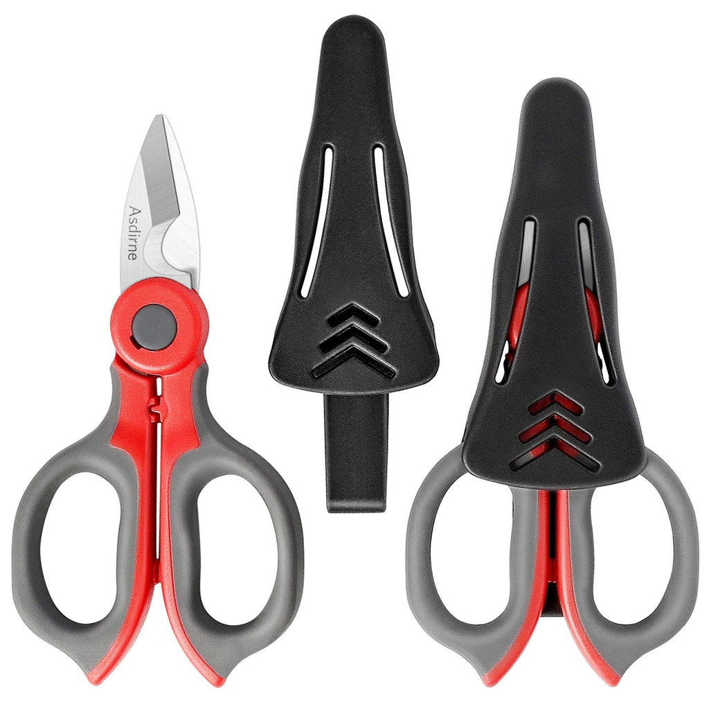  [AUSTRALIA] - Asdirne Electrician Scissors, Heavy Duty Stainless Steel Sharp Blades and Soft Rubber Grip, Electrician Shears with Protective Cover , 6.1 Inch (Gray/ Red)