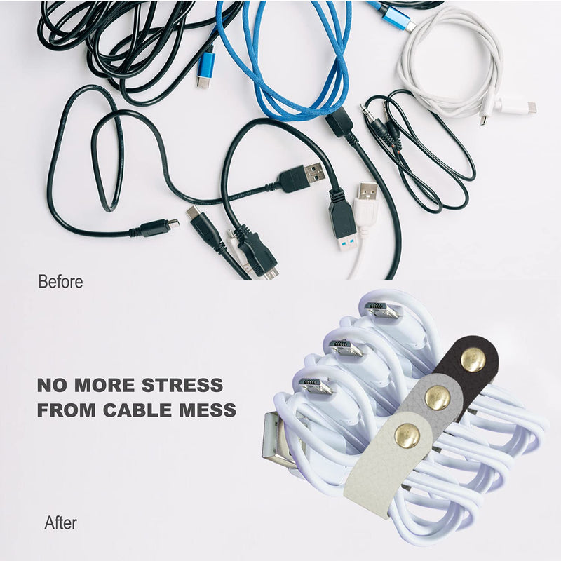  [AUSTRALIA] - Carrotez Leather Earphone Wrap Cord Organizer Ties, 3pcs(Black/White/Grey), Cable Straps, Cable Ties Leather Cord Organizer, Good cable management, USB Cable Clips