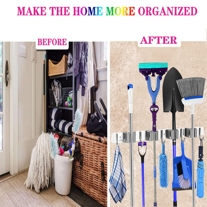  [AUSTRALIA] - Bosszi Mop and Broom Holder, 4 Positions 5 Hooks Heavy Duty Mop Hanger Wall Mounted Stainless Steel Organizer for Broom Holders, Home Laundry Bathroom, Garage Storage Systems Utility Tools Rack Storage 4 Position 5 Hooks