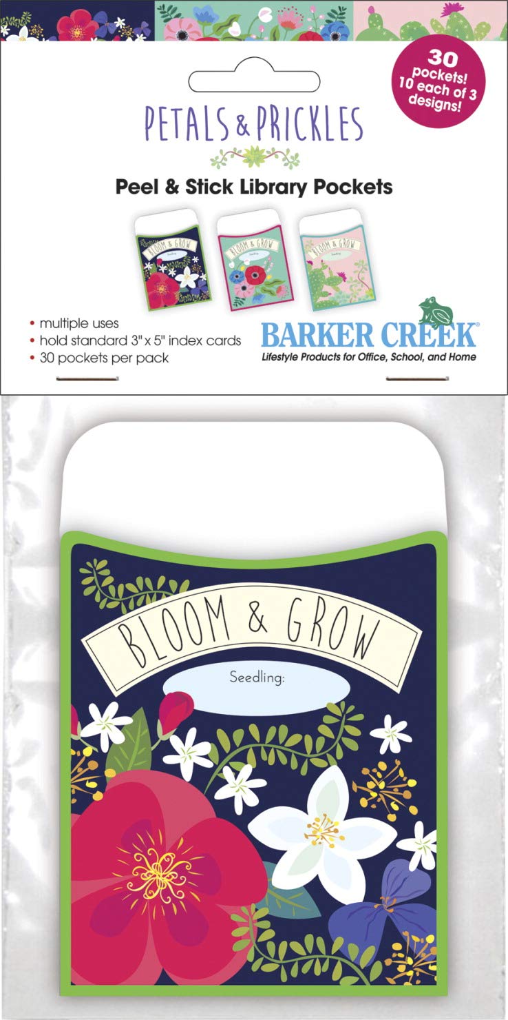  [AUSTRALIA] - Barker Creek Peel & Stick Library Pockets, Petals & Prickles, 3 Designs, Great for Holding Library, Index, and Flash Cards, Hall Passes, Recipes, and More! 3-1/2" x 5-1/8", 30 per Pkg (1206)