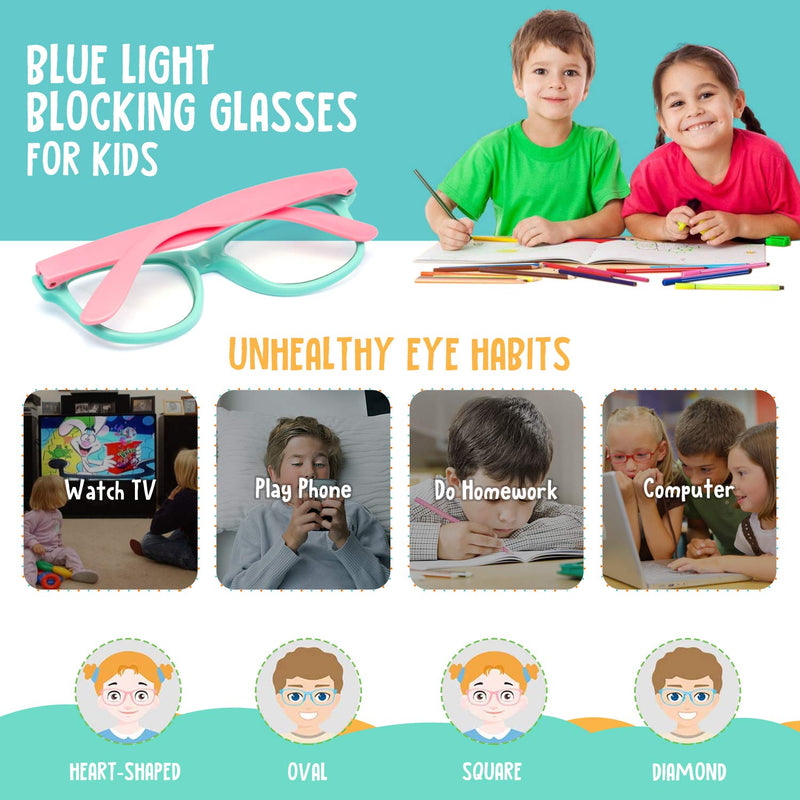  [AUSTRALIA] - Blue Light Blocking Glasses - 3Pack Computer Glasses for Kids，Boys/Girls Cute Frame Study Reading Gaming Glasses C2149 Pinkgreen+blueyellow+black