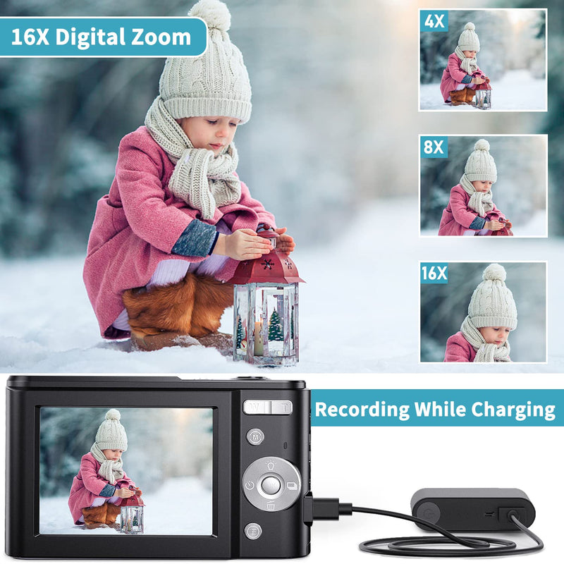  [AUSTRALIA] - Digital Camera FHD 1080P 36MP Vlogging Camera Rechargeable Camera for Kids with 16X Digital Zoom, LED Fill Light, LCD Screen, 2 Batteries, Compact Portable Pocket Camera for Teens Students (Black) Black