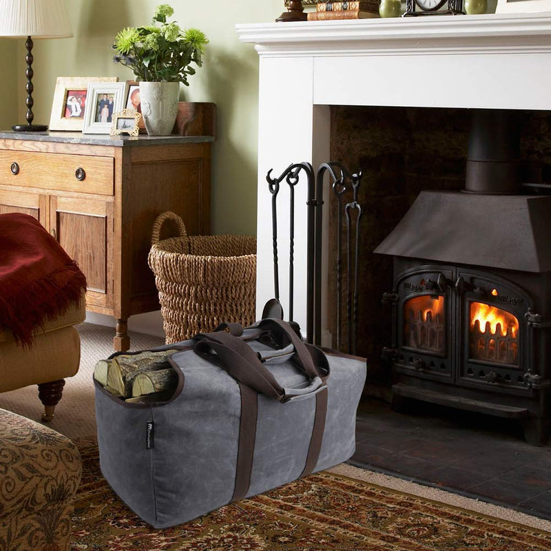  [AUSTRALIA] - MyFirePlaceDirect Waxed Canvas Log Carrier Tote Bag, Extra Large Durable Firewood Holder with Handles and Shoulder Strap, Heavy Duty Wood Carrying Bag for Fireplaces Grey