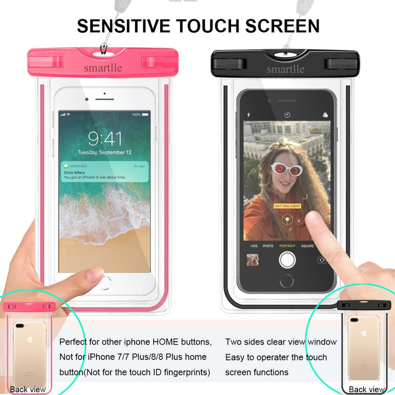  [AUSTRALIA] - Smartlle Waterproof Phone Pouch, Universal Waterproof Phone case, Dry Bag Outdoor Beach Bag for iPhone 11/11 Pro/11 Pro Max/XR/XS Max/X/8 7 6S Plus, Samsung Galaxy, LG, for All Phones, Luminous-2 Pack Black+Pink